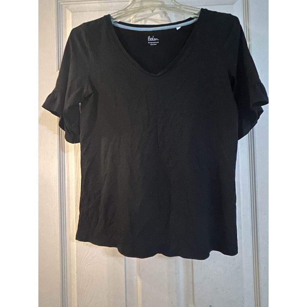 Boden Black Ruffled Short Sleeve T-shirt Cotton Women Size S Casual Capsule Chic